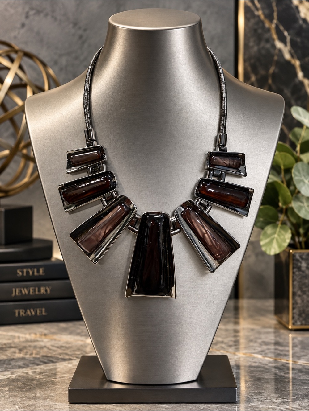 Statement Black & Bronze Resin Geometric Bib Necklace